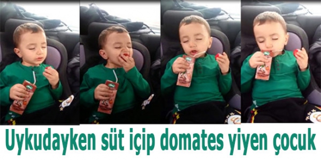 Uykudayken süt içip domates yiyen çocuk