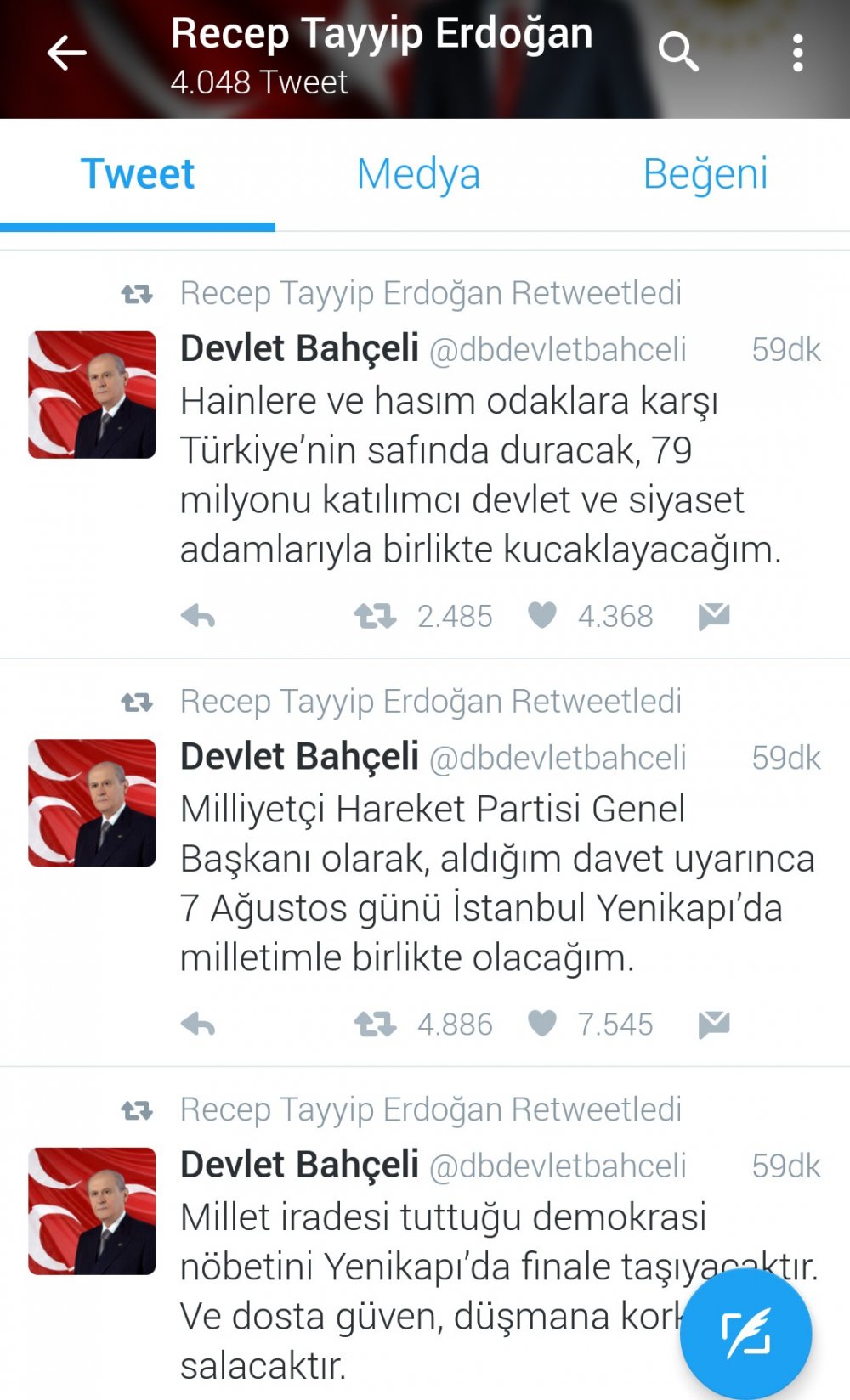 Erdoğan, Devlet Bahçeli’yi retweetledi